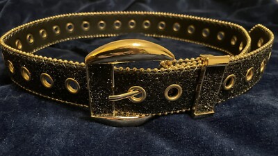 Sparkle  Black Glitter Bling Gold Accent Grommet Belt