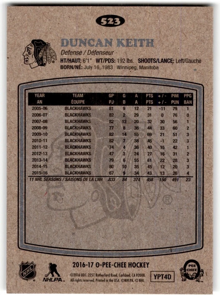 Duncan Keith 2016-17 O-Pee-Chee Retro #523 Chicago Blackhawks - Image 2 of 2