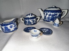 Japanese 7 Piece Blue White Porcelain Toy Doll Miniature Tea Set  Extra Piece