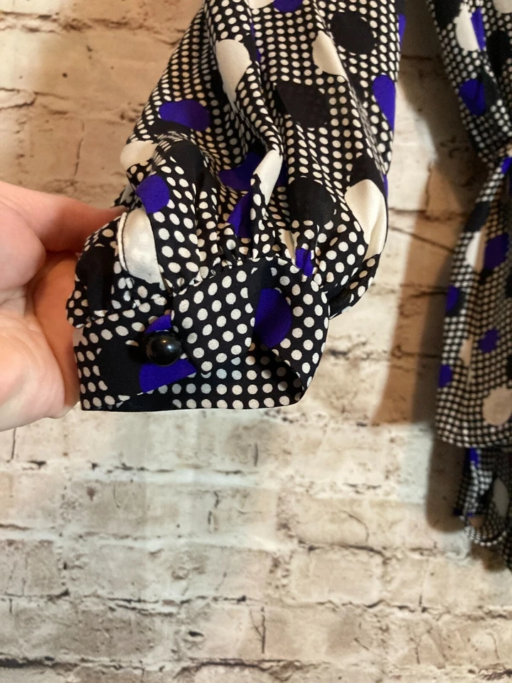 Top de seda vintage Milly of NY para mujer 4 lunares retro cobalto manga abullonada cinturón Foto 4 de 4