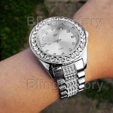 Men Hip Hop Iced Bling White Gold PT Migos Bling BIG Lab Diamond Metal Watch