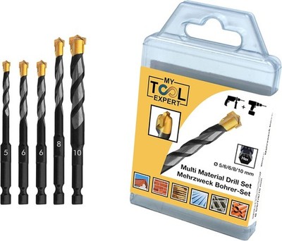 Multi-Material-Bohrer Ø 5,6,6,8,10 mm - Professionelles Bohrerset mit Hex-9 Bita