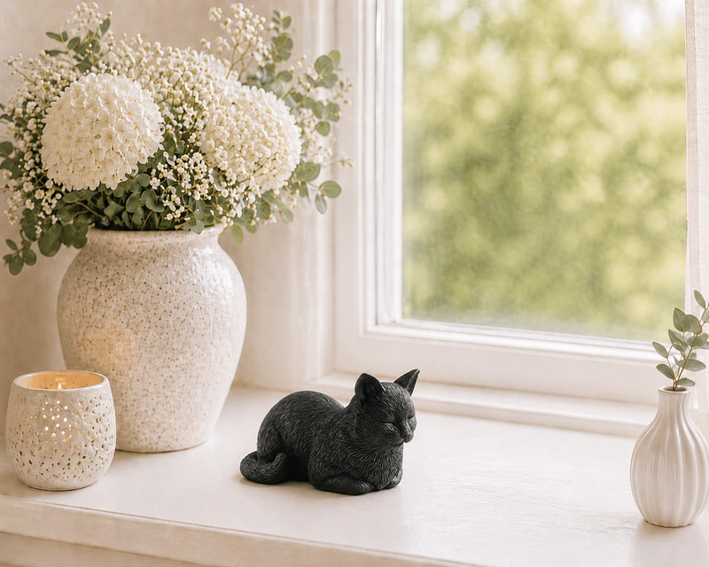 Sleeping Black Cat Figurine Mini Cat Statue Hand Painted Shelf Decor Gift 3"