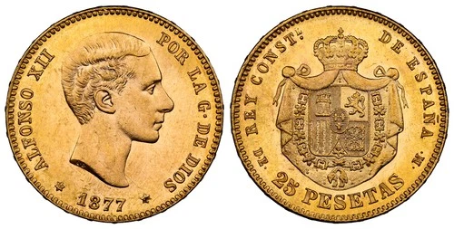 SPAIN. 1877 (77)-(6-pointed star) DE-M AV 25 Pesetas. NGC MS65. KM 673