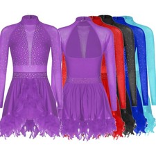 Women Dress Latin Dancewear Leotard Skirt Costume Shiny Sheer Mesh Long Sleeve
