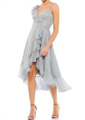 Mac Duggal Ruffle Faux Wrap Midi Dress Silver Gray