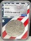 1998 $1 AMERICAN SILVER EAGLE NGC MS69 USA FLAG CORE HOLDER