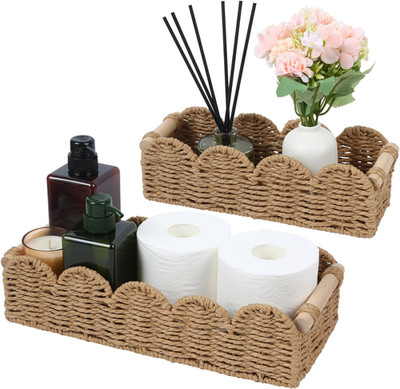 Paper Rope Storage Basket Set of 2 with Wooden Handles - Scalloped Toilet Paper