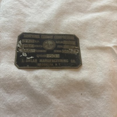 Vtg J. Sklar Manufacturing Co. ID Tag For Tompkins Rotary Compressor Brooklyn NY