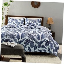 Tropical Plants Quilt Set Queen Size 3 Pieces Full/Queen Blue Palm Leaves