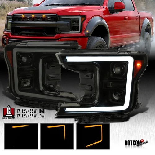 Fit 2018-2020 Ford F150 Black/Smoke LED Sequential Signal Projector Headlights