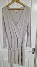 Anthropologie L Cloud Knit Long Sleeve Wrap Belted A-Line Sweater Dress Beige