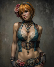 Short-Haired Bohemian Muse in Teal Lace with a Rose Crown Print - 985141396
