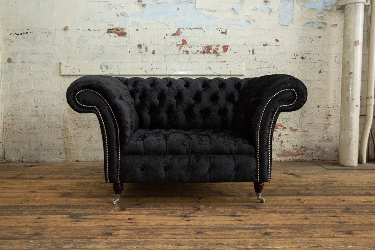 HANDMADE LARGE BLACK CRUSHED VELVET CHESTERFIELD ARMCHAIR