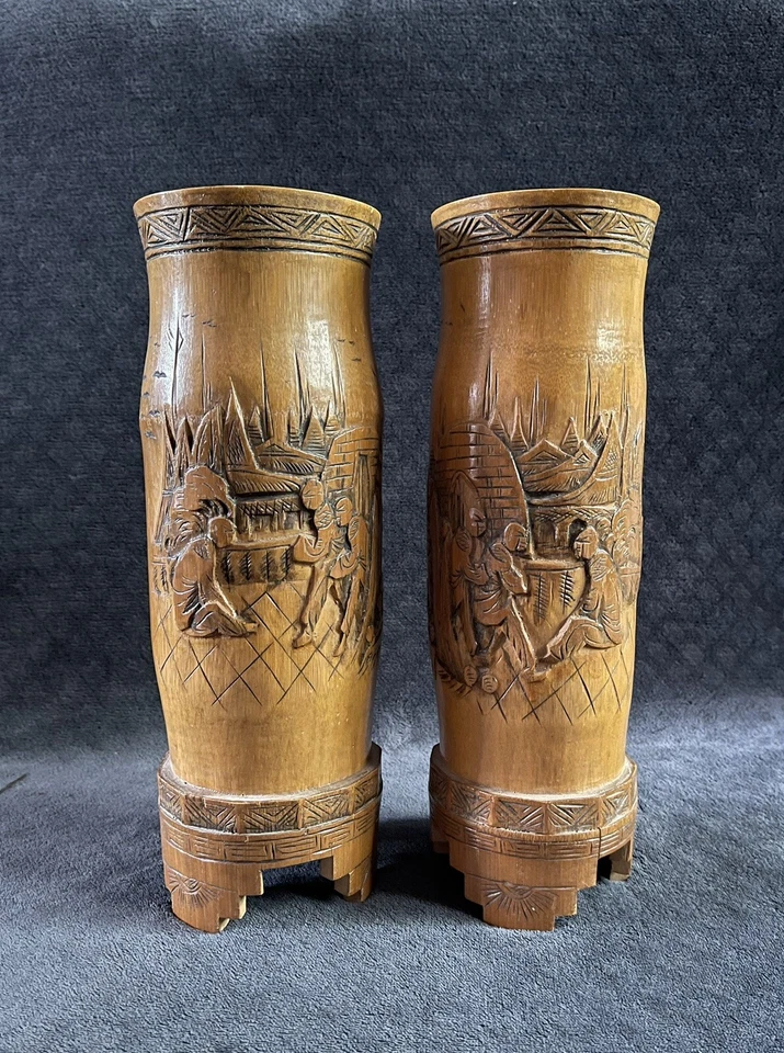 Винтажная китайская резная бамбуковая зеркальная ваза с ПОДПИСЬЮ - Изображение 2 из 4