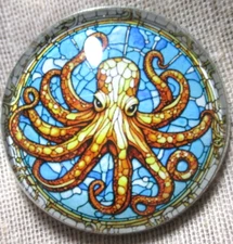 GLASS DOME PICTURE "STAINED GLASS " LRG OCTOPUS IN BLUE WATER BUTTON  30mm