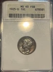 1925-D MS60FB Toned Anacs Soapbox Mercury Dime Old Holder Upgrade Key Date Rare