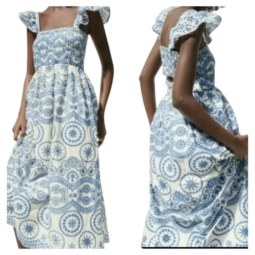 ZARA Blue White Cutwork Embroidery Eyelet Ruffle Smocked Bodice Midi Dress Sz L