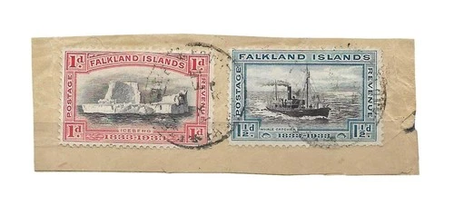 FALKLAND ISL 1933 CENTENARY SG 128-9 ON PIECE OF LETTER FRAGMENT USED