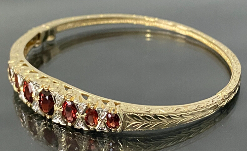 9K Yellow Gold W/ Garnet & Diamond Engraved Hinged Bangle - Picture 4 of 9