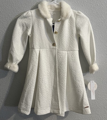 Tahari Girls Faux Fur Trim Collar Princess Dress Coat Size 5 White NWT