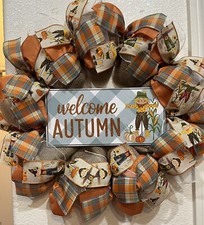 Farmhouse WELCOME AUTUMN SCARECROW   Harvest BURLAP Deco Mesh WREATH 22 X 22