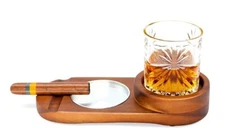 Cigar Ashtray NWOB Acacia Wood Metal Whiskey Bourbon Coaster Tray 2 Piece Set