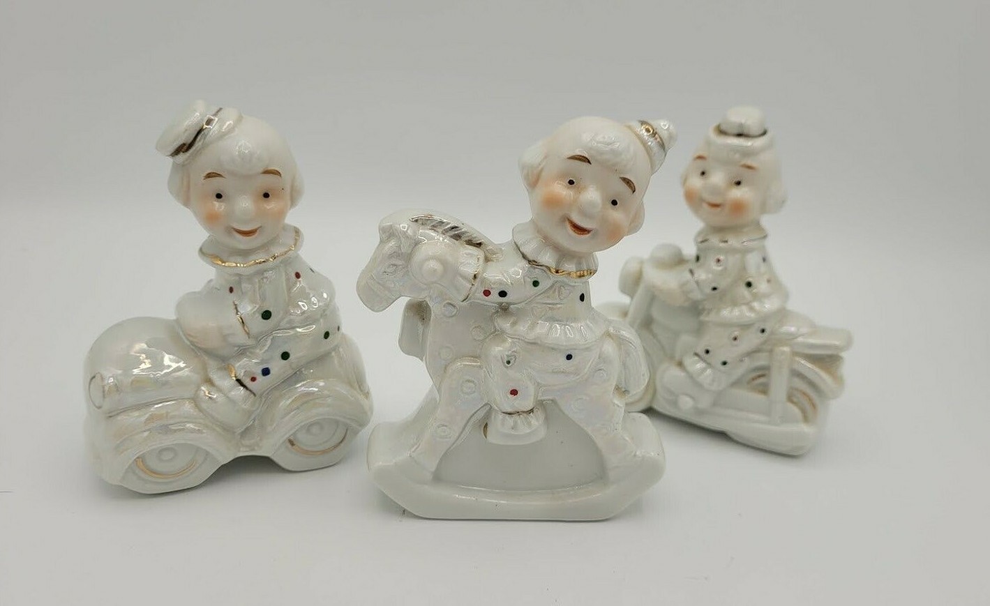Vintage Clown Figurines Luster w Matte Faces Set of 3 Bicycle Car Rocking Horse