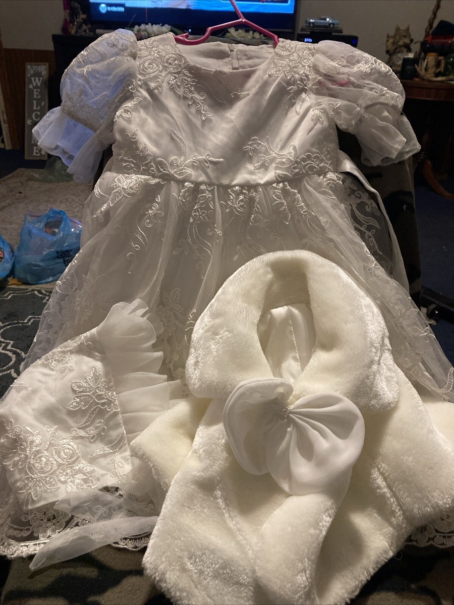 Toddler Girls Holiday Dress With Lace Bonnet And Fur Shawl 2T 24 Months ?  Cream
