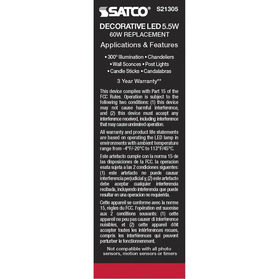 Satco S21305 - 5.5 Watt CA10 LED E12 Clear Bulbs - 3000K (2, 6 or 24 Pack) - Image 4 of 4