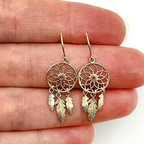 14K Gold Chandelier Feathers Dreamcatcher Tassel Drop Down Earrings 32mm