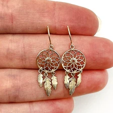 14K Gold Chandelier Feathers Dreamcatcher Tassel Drop Down Earrings 32mm