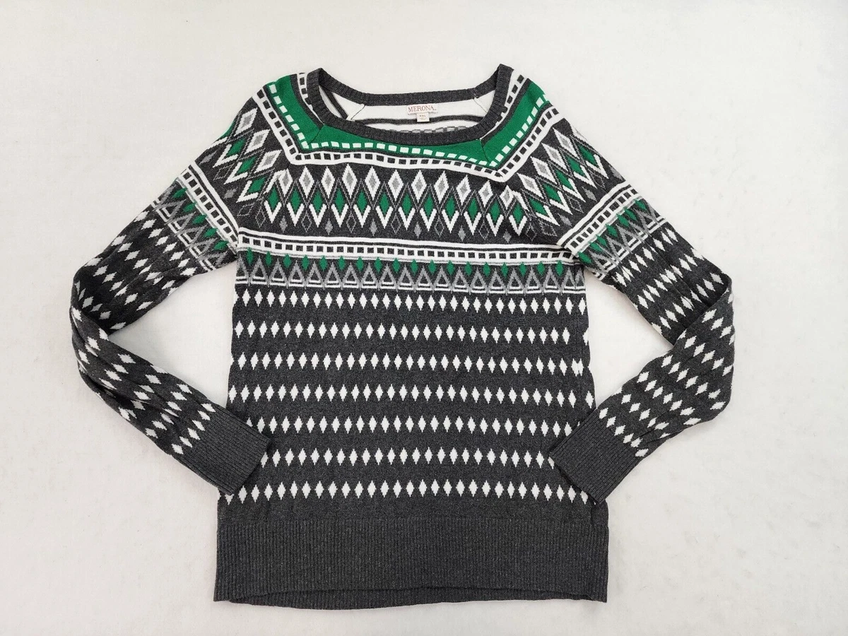 Merona Women XXL Sweater Grey Green Fair Isle Long Sleeve Boat Neck | eBay