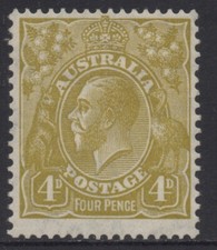 AUSTRALIA 1933 4d YELLOW - OLIVE KGV STAMP CofA P.13.1/2 X 12.1/2 MH SG.129