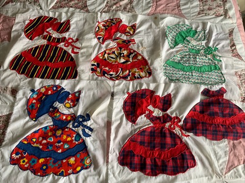 Sunbonnet Sue Southern Belle 5 Vintage Fabric Quilt Blocks Appliqué Sewing 15x16