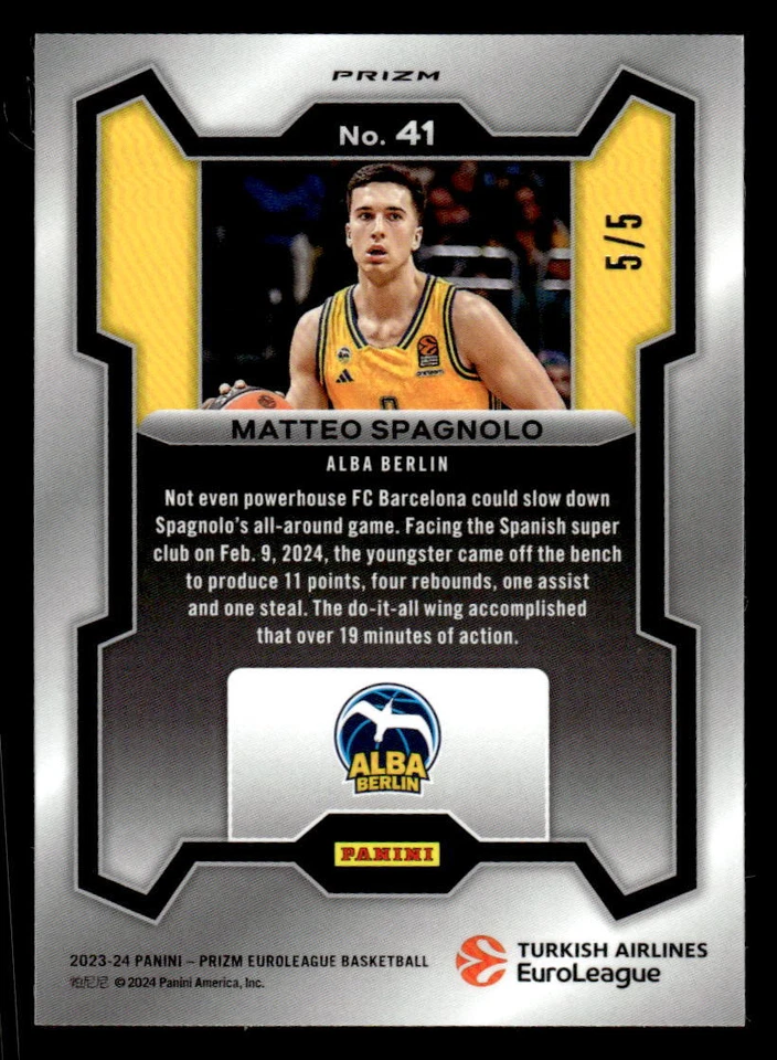 Matteo Spagnolo 2023-24 Panini Prizm EuroLeague #41 Black Gold #5/5 - Image 2 of 2