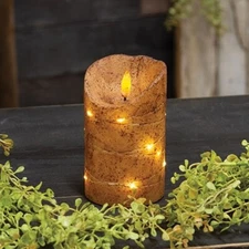 NEW Primitive TIMER PILLAR Burnt IVORY Textured WRAPPED Candle 5" x 3" LED