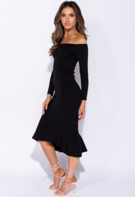 Womens Parisian Black Bardot Frill Hem Bodycon Midi Dress | eBay UK Womens Parisian Black Bardot Frill Hem Bodycon Midi Dress | eBay UK