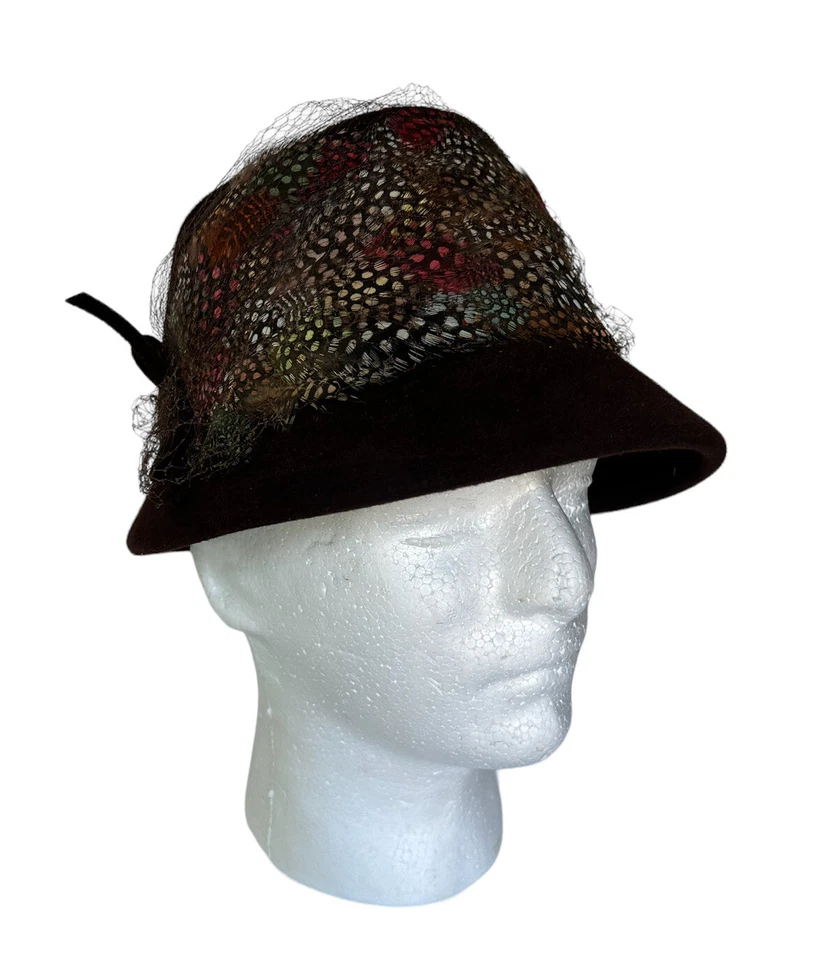 Vtg Merrimac Peachbloom Velour Imported Fur Fedora Hat Feathers 1930s Union Made - Image 2 of 4