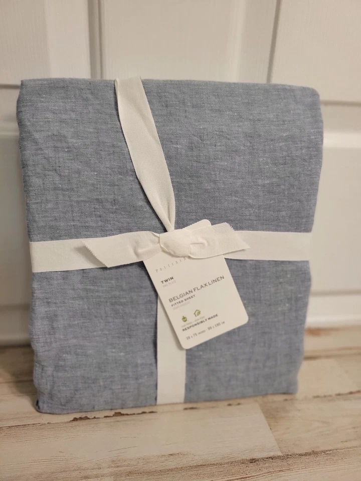 Sábana bajera Pottery Barn belga lino lino doble azul cambray Foto 3 de 3