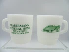 RARE VINTAGE MCM 1960s ~ HABERMANN FUNERAL HOME Galaxy Milk Glass Coffee MUG SET