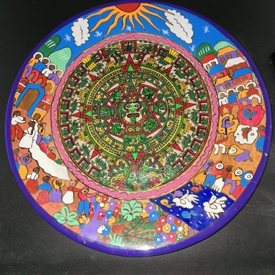 Vtg Aztec Hand Painted Sun Stone Calendar Signed Terra Cotta Wall Hanging 15.5''