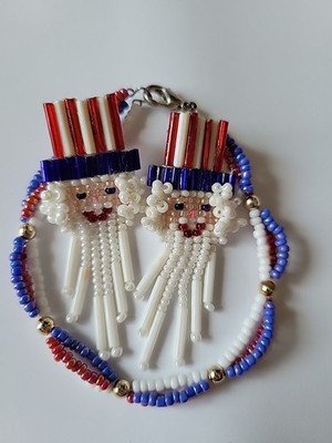 America 250~Handmade Seed Bead Uncle Sam Earrings & Bracelet In Red,White & Blue