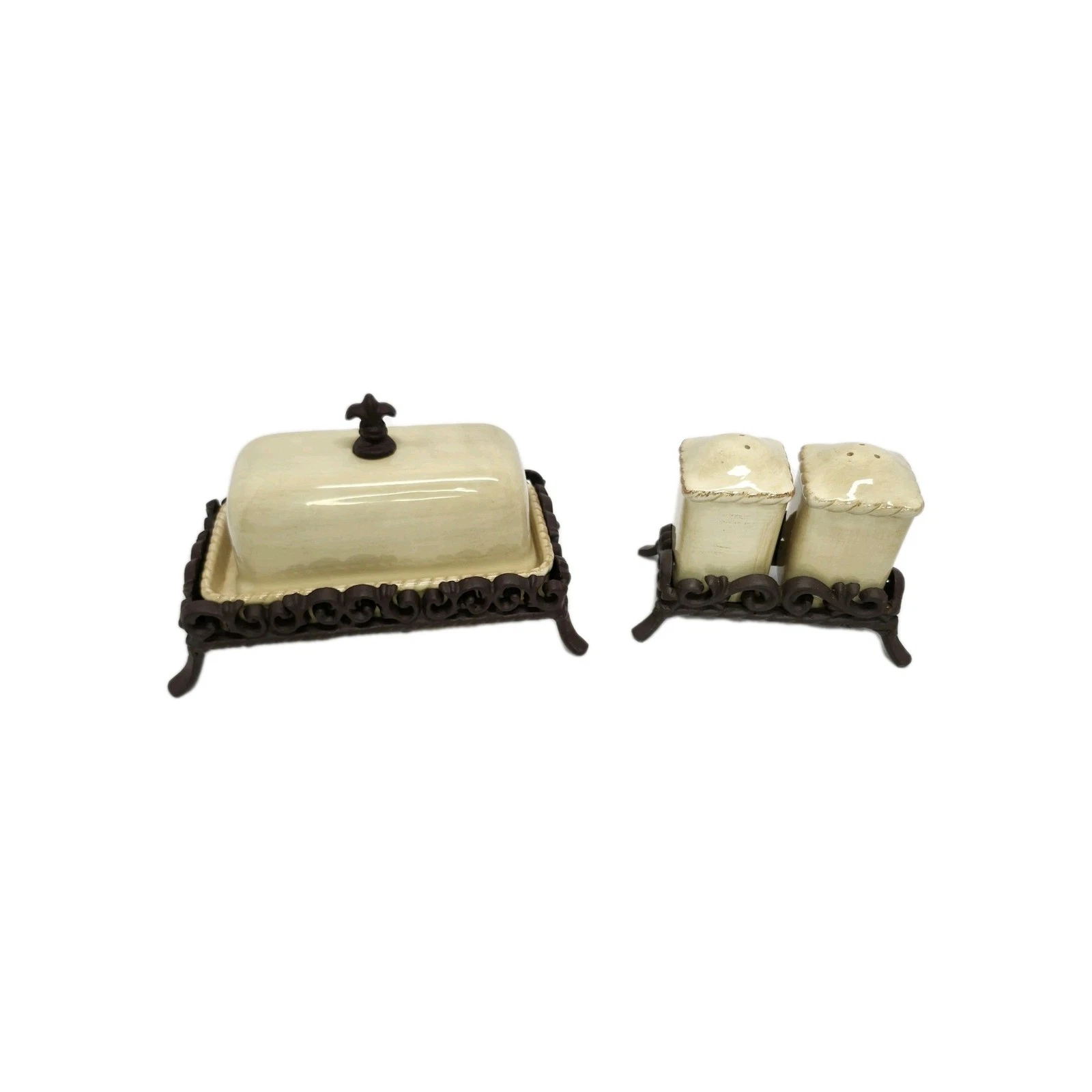 Artimino Tuscan Countryside Cream Butter Dish, Salt & Pepper Set-Rustic Stands