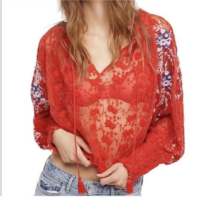 Free People Blouse Womens Small Red Embroidered Sheer Lace Boho Peasant Top