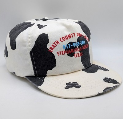 Vintage Erath County Dairy Sales Cow Print Trucker Hat Snapback Cap USA Made AOP