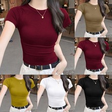 Women for Slim Fit Base Shirt Round Neck TShirt Short Sleeve Solid Color Top