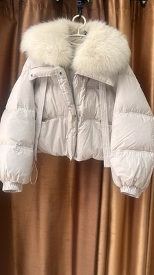 Women s Beige Down Jacket With Detachable Genuine Fox Fur Collar Size S-M