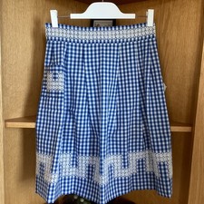 Vtg 1950  s Half Apron Blue  White Gingham Handmade Embroidered Cross Stitch