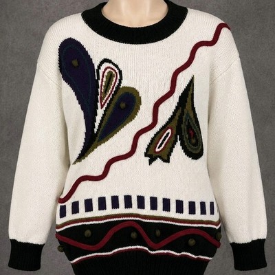Vintage Graffiti Sport Damen Pullover Abstrakt L Weiß Wollmischung 80er Strick 